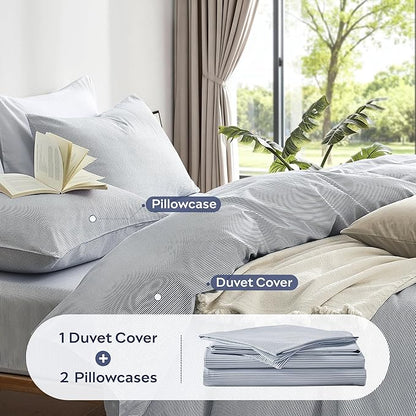 JELLYMONI 100% Natural Cotton 3pcs Striped Duvet Cover Sets,Blue Duvet Cover with Thin White Stripes Pattern Printed Comforter Cover,with Zipper Closure & Corner Ties(Queen Size)