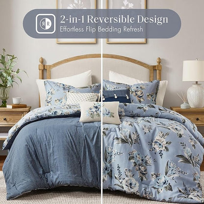 Madison Park Queen Comforter Set Vintage Floral Reversible Comforters Queen Size Bed, All Season, Down Alternative Bedding Queen Size Comforter, Bedskirt, Pillows, Shams, Salara, Queen Blue 7 Piece