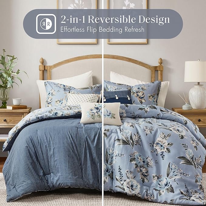 Madison Park King Comforter Set Vintage Floral Reversible Comforter, All Season, Down Alternative Bedding Comforter, Bedskirt, Pillows, Shams, Salara, King Blue 7 Piece