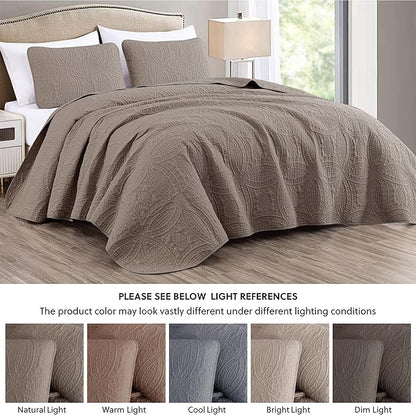 Chezmoi Collection Austin 3-piece Oversized Bedspread Coverlet Set (King, Taupe) | Oversized, Lightweight, Fade Resistant