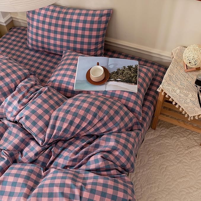 EAVD Purple Pink Gingham Comforter Set Twin XL Grid Plaid Comforter Set Soft Fluffy Grid Checkered Pattern Bedding Set with 2 Pillowcases Modern Farmhouse Gingham Bedding Set for All-Season