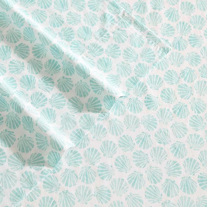 Laura Ashley - Queen Sheets, Cotton Percale Bedding Set, Lightweight & Breathable Home Decor (Margate Shells Blue, Queen)