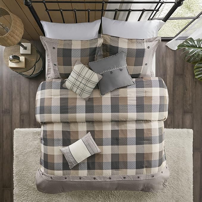 Madison Park Ridge Comforter Set-Cabin Lodge Plaid Herringbone Design All Season Down Alternative Cozy Bedding with Matching Bedskirt, Shams, Decorative Pillow, Queen(90"x90"), Neutral 7 Piece