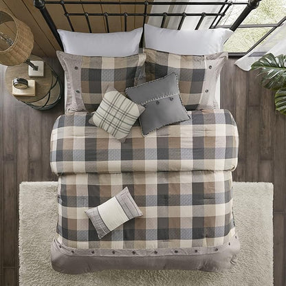 Madison Park Ridge Comforter Set - Cabin Lodge Plaid Herringbone Design, All Season Down Alternative Cozy Bedding with Matching Bedskirt, Shams, Decorative Pillow, Cal King(104"x92"), Neutral 7 Piece