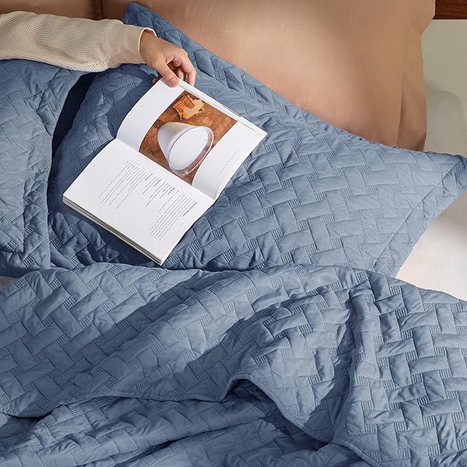 Bedsure California King Quilts - Lightweight Bedspreads Cal King Size with Basket Weave Pattern, Soft Quilt Bedding Set, Mineral Blue Comforter Set Coverlet with 2 Pillow Shams (111" x 106") | Skin-Friendly Soft, All-Season Comfort, Breathable, Lightwe...