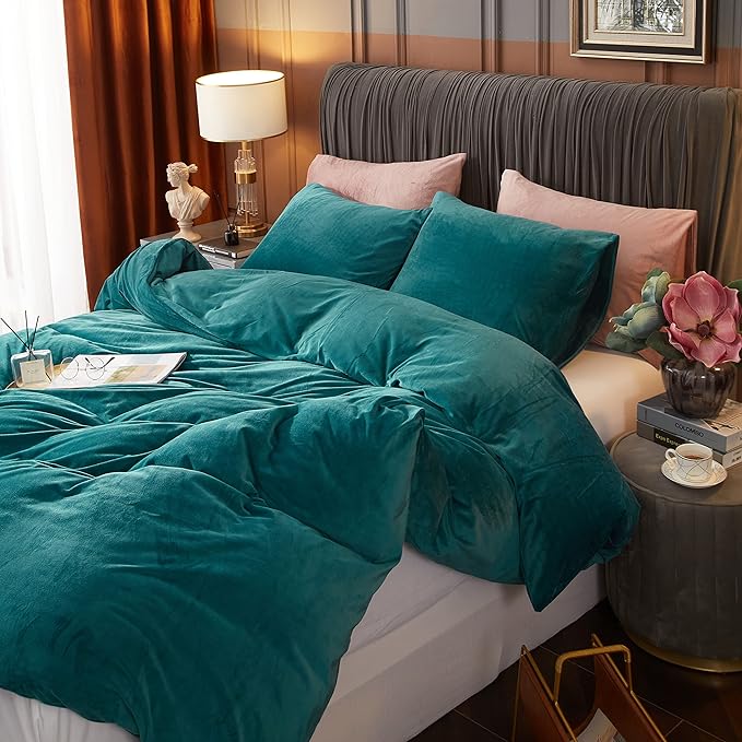 Ivellow Velvet Duvet Cover Set Queen Size 3 Pcs Peacock Blue Luxury Flannel Velour Duvet Cover Zipper Closure Corner Tie