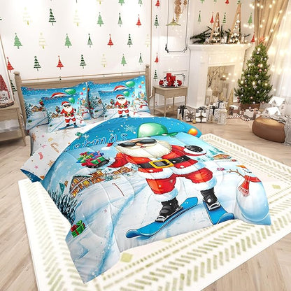 Castle Fairy Skiing Santa 7 Pieces Bedding Set King Bed in a Bag,Merry Christmas House Gifts Snowman Comforter Set,Farmhouse New Year Decor Soft Warm Microfiber Bedding
