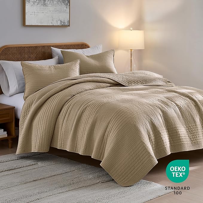 PALASSIO Striped Dark Beige 100% Cotton Quilt California Cal King Size Bedding Set, Oversized Lightweight Channel Pick Stitch Textured Bedspread Soft Farmhouse Country Coverlet for All Season, 2 Shams