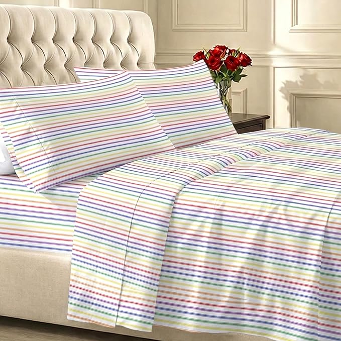 California Design Den Striped Queen Sheet Set - 400 Thread Count Sateen, Natural 100% Cotton Sheet Set Queen Size, Deep Pocket and Durable Bedding - Rainbow Striped