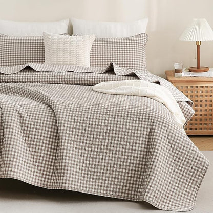 TOCOMOA Tan Gingham Quilt Bedding Set 100% Washed Cotton Bedspread Coverlet Like Linen Feel Soft Comfy Breathable 3 Piece Brown Plaid Checkered Lightweight Comforter Set for All Season, Queen 96"x90"