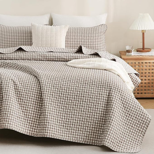 TOCOMOA Tan Gingham Quilt Bedding Set 100% Washed Cotton Bedspread Coverlet Like Linen Feel Soft Comfy Breathable 3 Piece Brown Plaid Checkered Lightweight Comforter Set for All Season, Queen 96"x90"