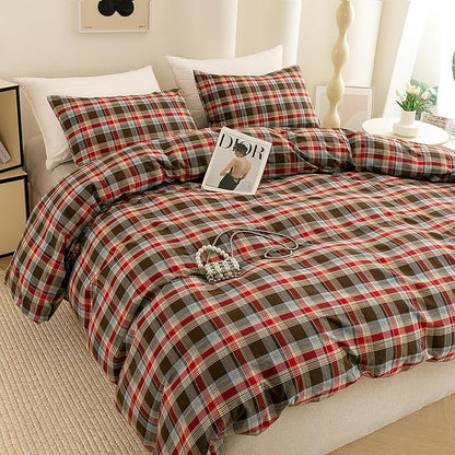 ECOCOTT Buffalo Plaid Duvet Cover Queen Size– 3 Piece Washed Cotton Bedding Set with Classic Checkered Pattern, Red & Brown Duvet Cover with Pillowcases for All Seasons