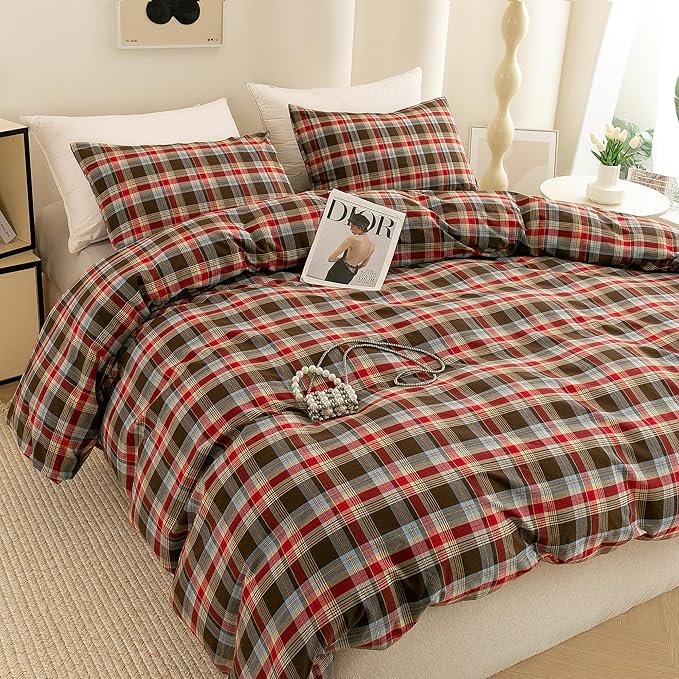 ECOCOTT Buffalo Plaid Duvet Cover King Size– 3 Piece Washed Cotton Bedding Set with Classic Checkered Pattern, Red & Brown Duvet Cover with Pillowcases for All Seasons