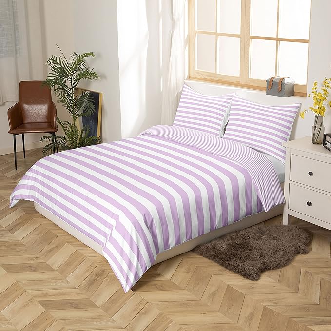 Girl Purple Striped Comforter Set Twin White Farmhouse Ticking Stripes Down Comforter For Women Horizontal Stripes Geometric Lines Reversible Lightweight Duvet Set For Room Decor Soft Bedding Set