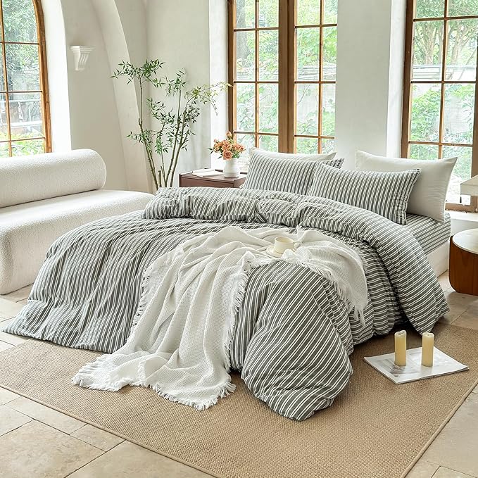 Striped Duvet Cover Set 100% Washed Cotton Linen Like Soft Feelling Breathable Bedding(Olive Green/White Strip,Twin)