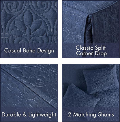 Madison Park Quebec Split Corner Quilted Bedspread Classic Traditional Design All Season, Lightweight, Bedding Set, Matching Shams, King, Damask Quilted Navy 3 Piece