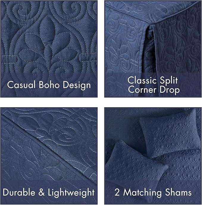 Madison Park Quebec Split Corner Quilted Bedspread Classic Traditional Design All Season, Lightweight, Bedding Set, Matching Shams, Queen, Damask Quilted Navy 3 Piece