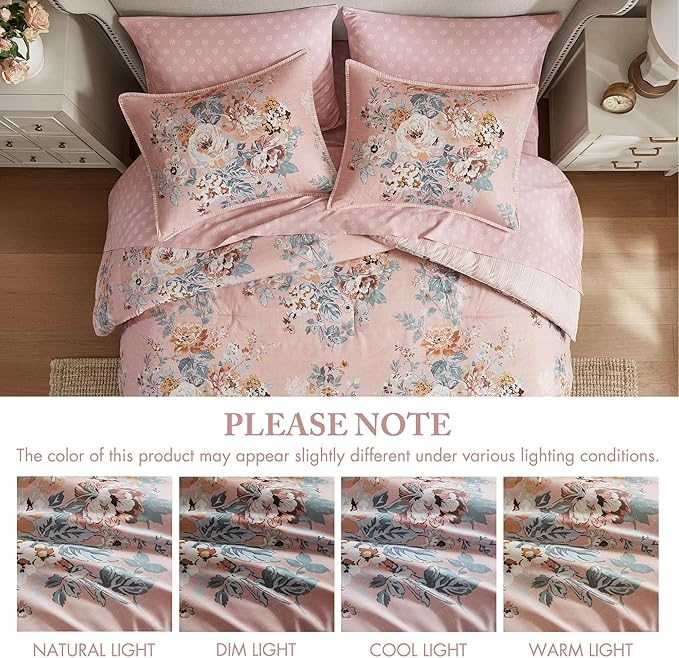 Madison Park Essentials Floral Comforter Set Cal King Size, Vintage Flower Bedding Set with Sheet Set, 7 Pieces Bed in a Bag with Reversible Botanical Comforter and Pillowcases & Shams, Heather, Pink