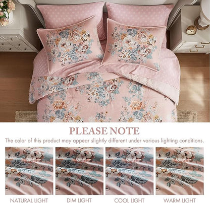 Madison Park Essentials Floral Comforter Set Twin XL Size, Vintage Flower Bedding Set with Sheet Set, 5 Pieces Bed in a Bag with Reversible Botanical Comforter and Pillowcases & Shams, Heather, Pink