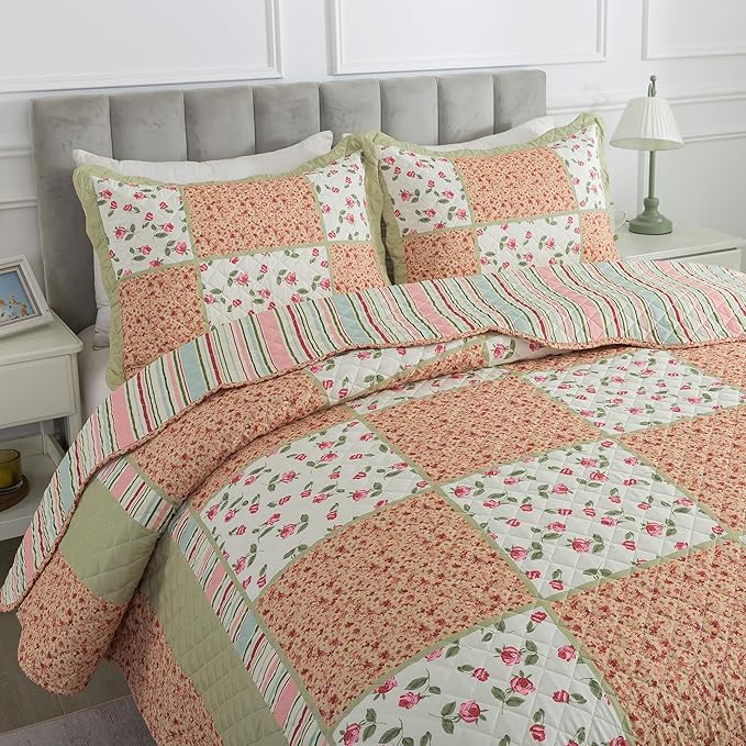 HoneiLife King Size Quilt Sets - 3 Piece Microfiber Quilt Set Lightweight Bedspreads Reversible Coverlets Rustic Bed Cover King Quilt Bedding Set All Season Use