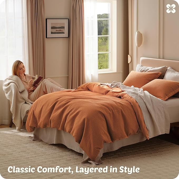 Bedsure Cotton Duvet Cover King - 100% Cotton Waffle Weave Terracotta Duvet Cover King Size, GentleSoft™ and Breathable Bedding Set for All Season, 3 Pieces, 104"x90"