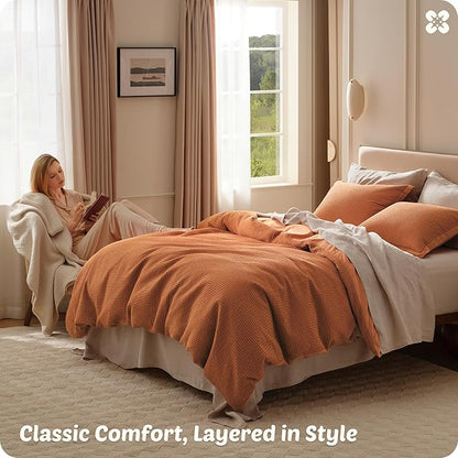 Bedsure Cotton Duvet Cover King - 100% Cotton Waffle Weave Terracotta Duvet Cover King Size, GentleSoft™ and Breathable Bedding Set for All Season, 3 Pieces, 104"x90"