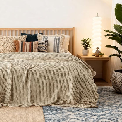 Bedsure Cooling Cotton Waffle King Size Blanket - Lightweight Breathable Summer Blanket of Rayon Derived from Bamboo for Hot Sleepers, Luxury Throws for Bed, Couch and Sofa, Light Brown, 104x90 Inches