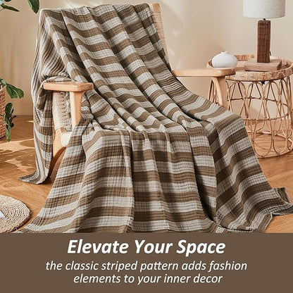 EMME Cotton Muslin King Blanket Bed Layering Bedspread Coverlet Breathable Gauze Soft Lightweight (Striped Brown, 108"x90")