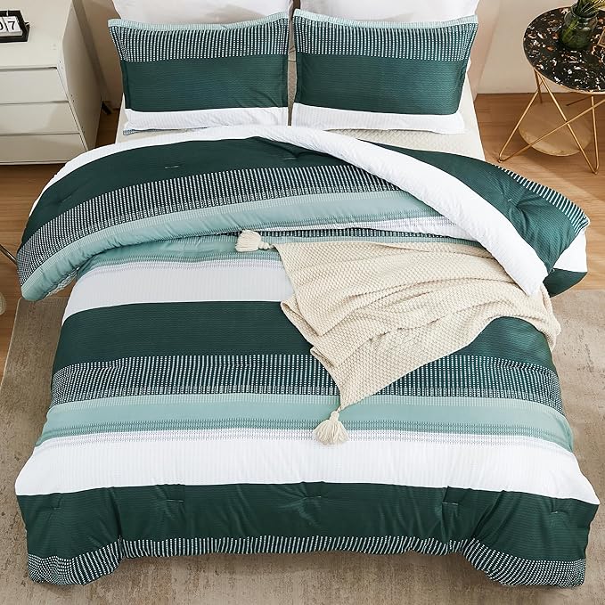 Litanika Dark Emerald Green Bed Comforter Twin/Twin XL Set, 2 Pieces Twin Extra Long Size Boys Men Forest Bedding Set, Single Colorblock Striped Bed Set
