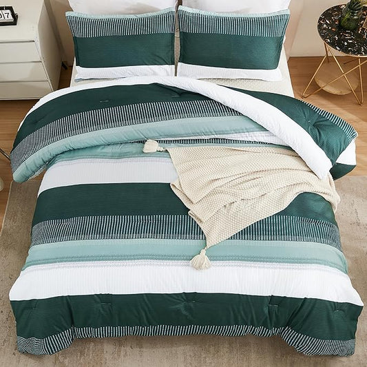 Litanika Dark Emerald Green King Bed Comforter Set, 3 Pieces Bedding Set, Colorblock Stripe Vintage Bed Set (104x90In Comforter & 2 Pillowcases)