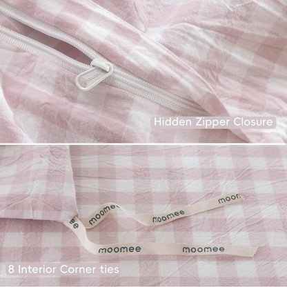 MooMee Gingham Duvet Cover Set 100% Washed Cotton Linen Like Textured Breathable Durable Soft Comfy Modern Checkered Design (Classic Gingham Greyish Pink, Palatial King/Oversized King 120"x98")