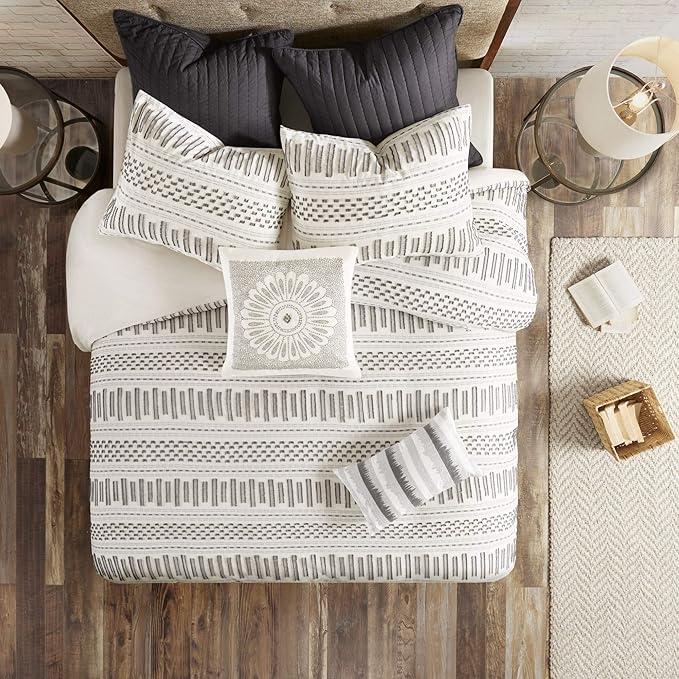 INK+IVY Rhea 100% Cotton Duvet Set Mid Century Modern Boho Design, All Season Comforter Cover Bedding Set, Matching Shams, Full/Queen, Geometric Clipped Jacquard Ivory 3 Piece