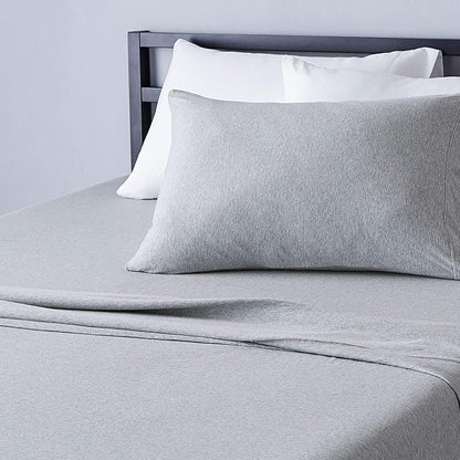 Amazon Basics Breathable, Stretchy 100% Cotton Jersey Knit 3 Piece Bed Sheet Set with Deep Pockets, Flat and Fitted Sheets, Pillowcase, Machine Washable, Twin, Light Gray, Solid