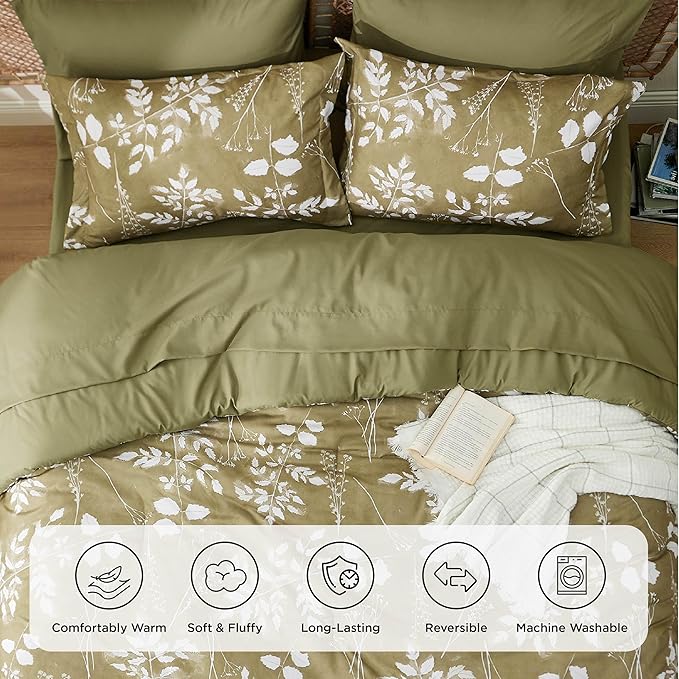 Bedsure Queen Comforter Set - 7 Pieces Floral Olive Green Soft Bedding Sets, Queen Bed in a Bag with Botanical Flowers Comforter, Sheets, Pillowcases & Shams