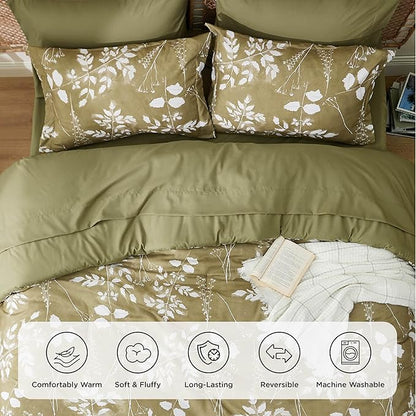 Bedsure Queen Comforter Set - 7 Pieces Floral Olive Green Soft Bedding Sets, Queen Bed in a Bag with Botanical Flowers Comforter, Sheets, Pillowcases & Shams