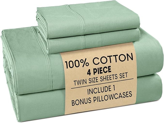 Casa Platino Twin Bed Sheets – 100% Cotton Sheets with 2 Pillowcases, Crisp Percale Weave & Cozy Feel, Cooling & Breathable Twin Sheet Set with 15" Deep Pocket, Excellent Quality & Fit – Sage Green