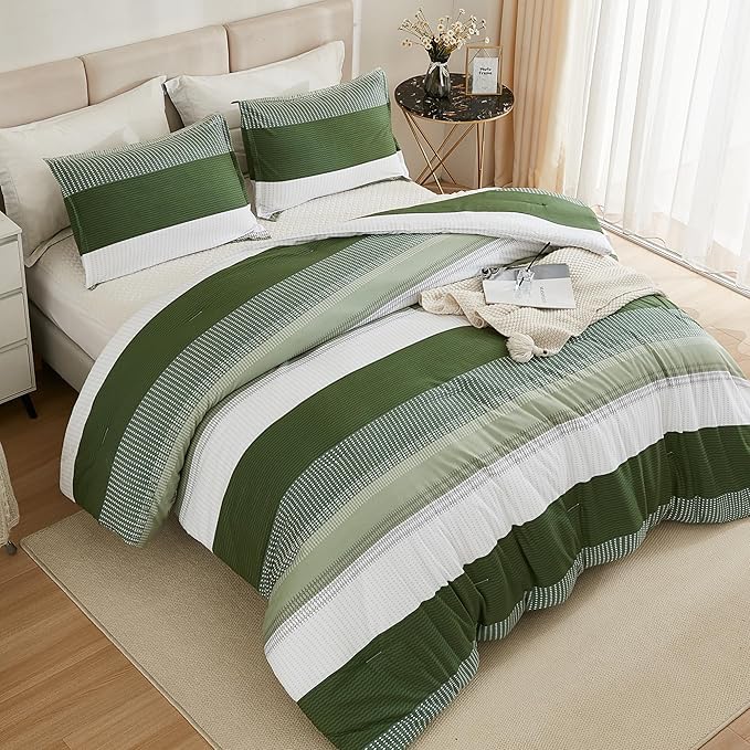Litanika Olive Green Comforter Set Twin/Twin XL - 2 Pieces Lightweight Olive Green White Colorblock Stripe Fluffy Bedding Comforter Sets, All Season Bed Set