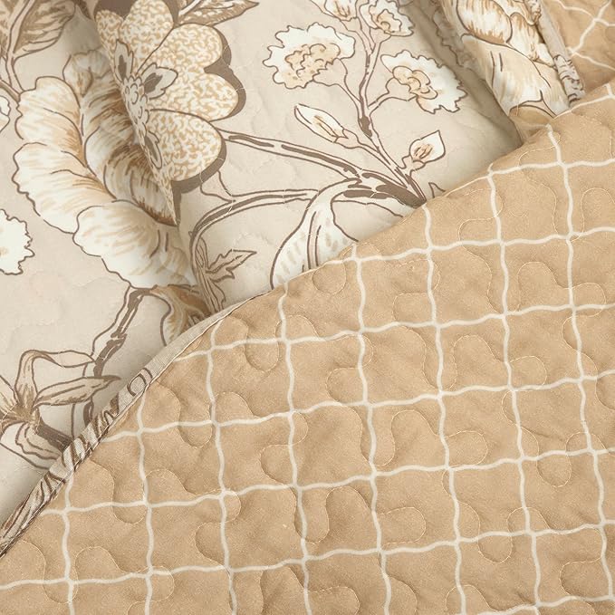 Lush Decor Sydney Reversible Cotton Quilt Neutral, 3 Piece Set, Full/Queen, Neutral - Cotton Bedding Set - Beige Floral Quilt - Cottage Decor - Bedding Queen Size