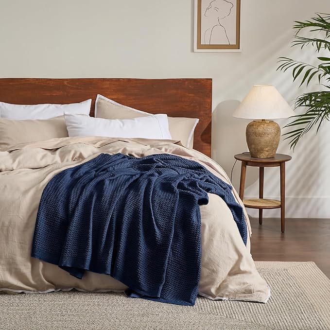 Bedsure Gentlesoft 100% Cotton Blanket King Size for Bed - Breathable and Soft for Spring Summer, Thick Cozy Waffle Weave Blanket Gifts for Women, Pageant Blue, 104x90 inches