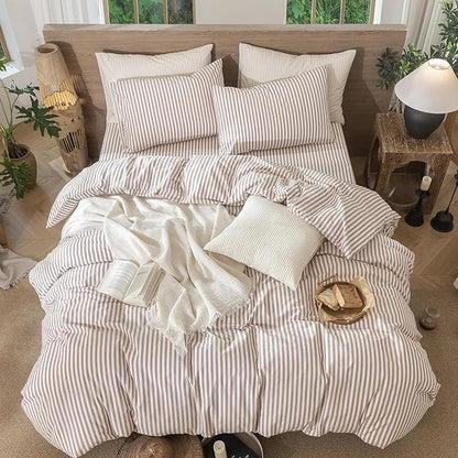 MooMee Striped Duvet Cover Set 100% Washed Cotton Linen Like Textured Breathable Durable Soft Comfy (Orange Classic Stripes, Super King 108"x98")