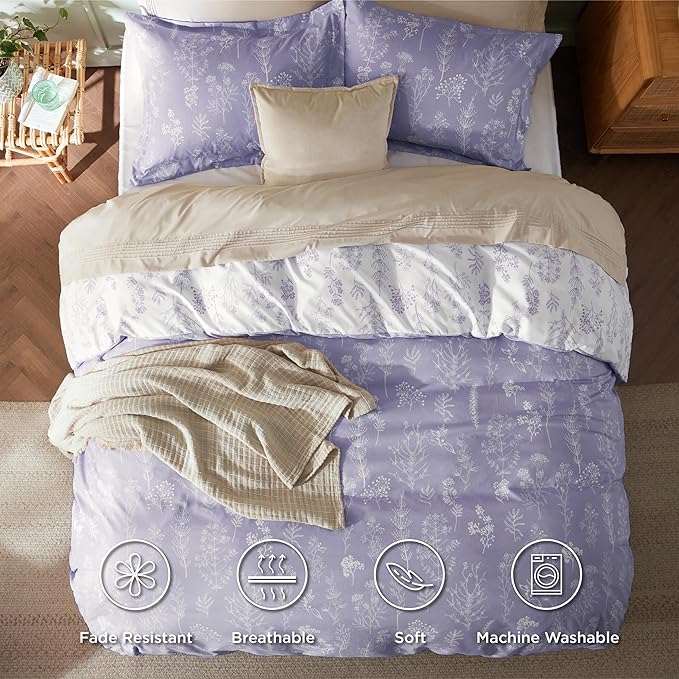 Bedsure Twin/Twin XL Duvet Cover - Reversible Purple Duvet Cover Set with Zipper Closure, 2 Pieces Cute Floral Patterned Bedding Set with 8 Corner Ties and 1 Pillow Sham