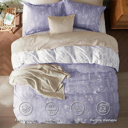 Bedsure Twin/Twin XL Duvet Cover - Reversible Purple Duvet Cover Set with Zipper Closure, 2 Pieces Cute Floral Patterned Bedding Set with 8 Corner Ties and 1 Pillow Sham