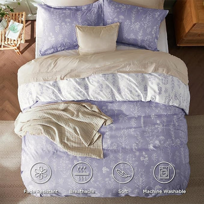Bedsure Duvet Cover Queen Size - Reversible Lilac Purple Queen Duvet Cover Set with Zipper Closure, 3 Pieces Cute Floral Patterned Bedding Set with 8 Corner Ties and 2 Pillow Shams