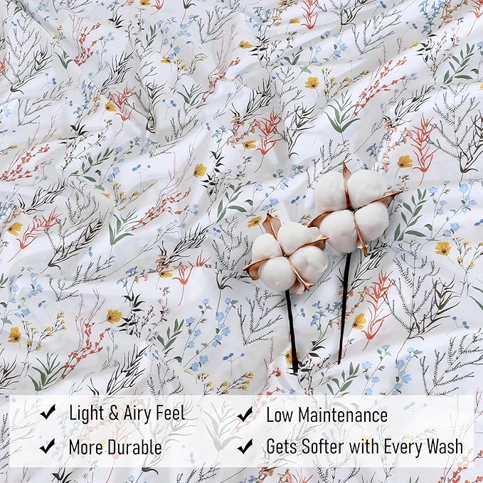 RUVANTI 100% Cotton Sheets – Queen Size Percale Bedding, Cooling & Breathable Floral Design, Durable with a Crisp, Soft & Comfortable Feel, 16" Deep Pocket, 4-Piece Set, Aroma
