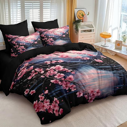 Japanese Style Comforter Set Twin,Cherry Blossom Lightweight Comforter for Girls, 2Pcs Black Pink Floral Painting Soft Bedding Set with 2 Pillowcases,Great Bedroom Decor