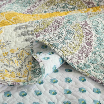 DURLENGEN Botanical Yellow 100% Cotton King Quilt 3Pcs,Bohemian Patchwork Leaves Pattern on White, Luxury Lightweight Coverlet Sets for All Season(King 106x96,Botanical Yellow)