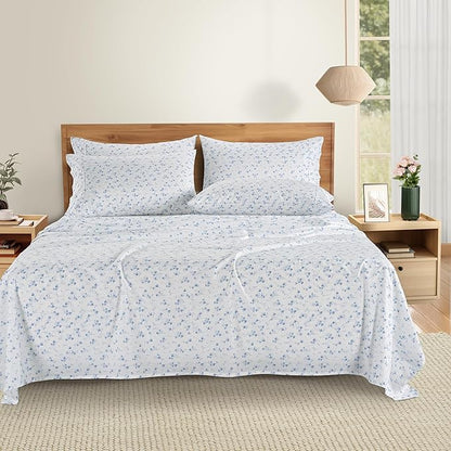 Casa Platino 100% Cotton Sheets Split King Size Set - 7 Pieces (1 Flat, 2 Fitted, 4 Pillowcases) - Soft, Breathable & Cooling Percale Bed Sheets with Deep Pocket - Split King Sheet Set - Floralis