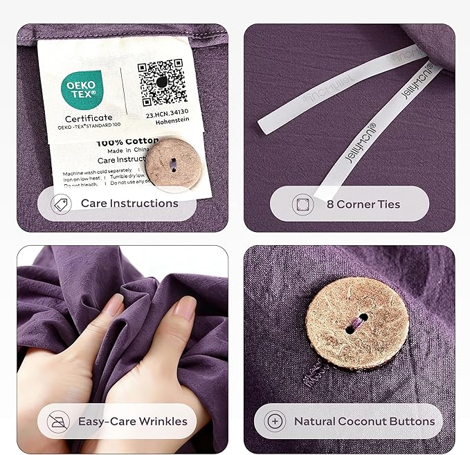 JELLYMONI 100% Washed Cotton Duvet Cover Queen – Soft, Breathable Linen-Look Bedding with Natural Wrinkle Texture, Button Closure, 3-Piece Set (Iris Purple, 90"x90")