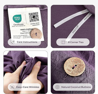 JELLYMONI 100% Washed Cotton Duvet Cover Queen – Soft, Breathable Linen-Look Bedding with Natural Wrinkle Texture, Button Closure, 3-Piece Set (Iris Purple, 90"x90")