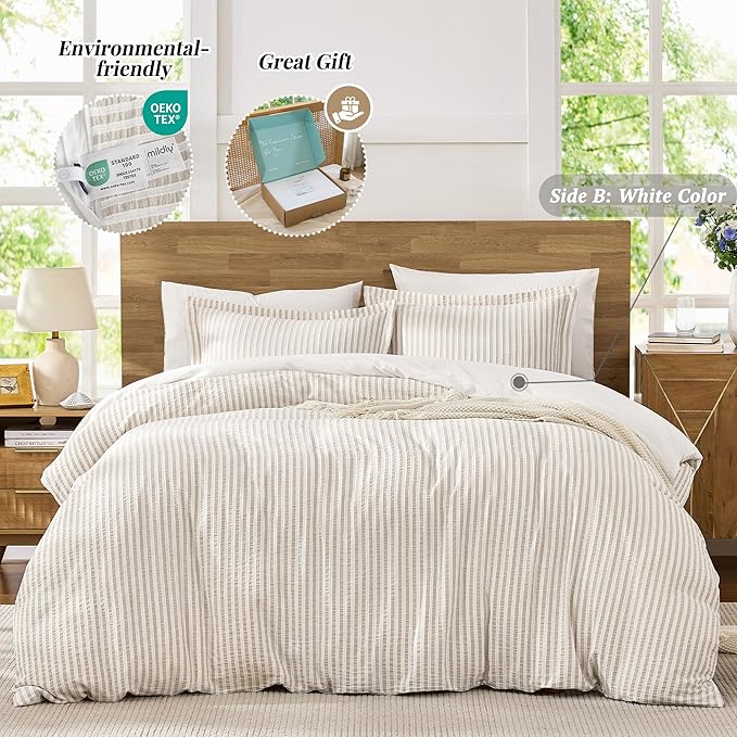 MILDLY Jacquard Stripe Duvet Cover - 100% Washed Cotton Light Khaki Boho Textured Comforter Cover 3pcs with Zipper Closure 104"x90"